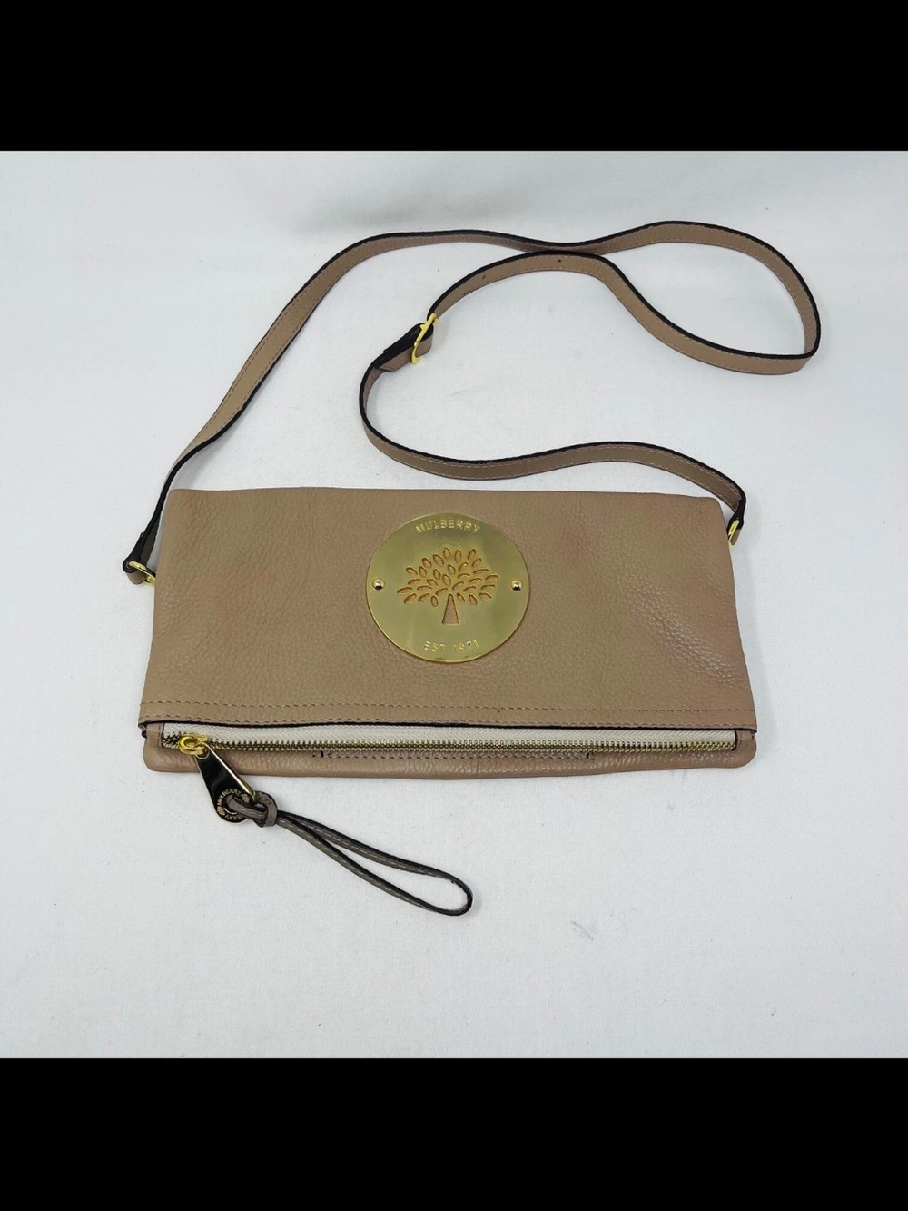 Mulberry Beige Fold-Over Leather Crossbody Bag with Gold Plaque